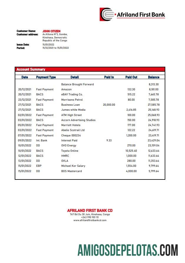 Congo Afriland First extrato bancário amostra